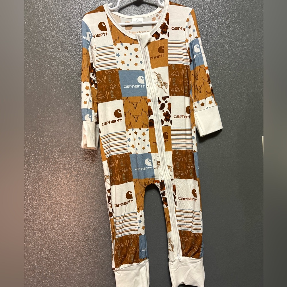 Bamboo Carhartt Kids Patchwork Footie - Brown, Blue, and White